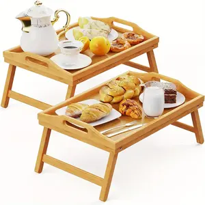Bamboo Bed Tray with Handle, 2 Counts/set Foldable Breakfast Tray, Serving Tray, Kitchen Storage & Organization Tray for Home Use