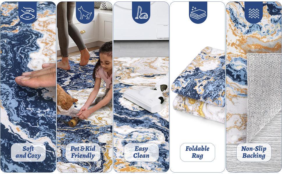 GARVEE Abstract Marble Rugs: Modern, Washable, Non-Slip Area Rugs in Various Sizes (5'x7', 6'x9', 8'x10', 9'x12') for Living Room, Bedroom, Kitchen, and Dining. Ideal for High Traffic Areas, Available in Blue and Grey.