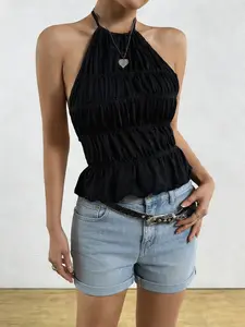 Pure Color Ruched Backless Tie Top Sleeveless Sexy Slim Fit Lace Up Halter Neck Blouse, Women's Fashionable Summer Wear, Womenswear