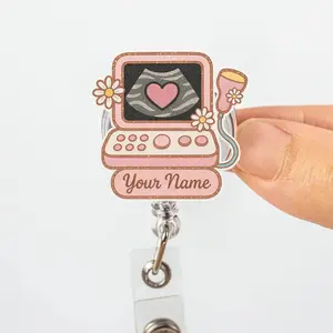 Personalized Ultrasound Retractable Badge Reel, Faux Glitter Pink ID Badge Holder, Sonographer OB Tech Baby Heart Monitor Name Clip