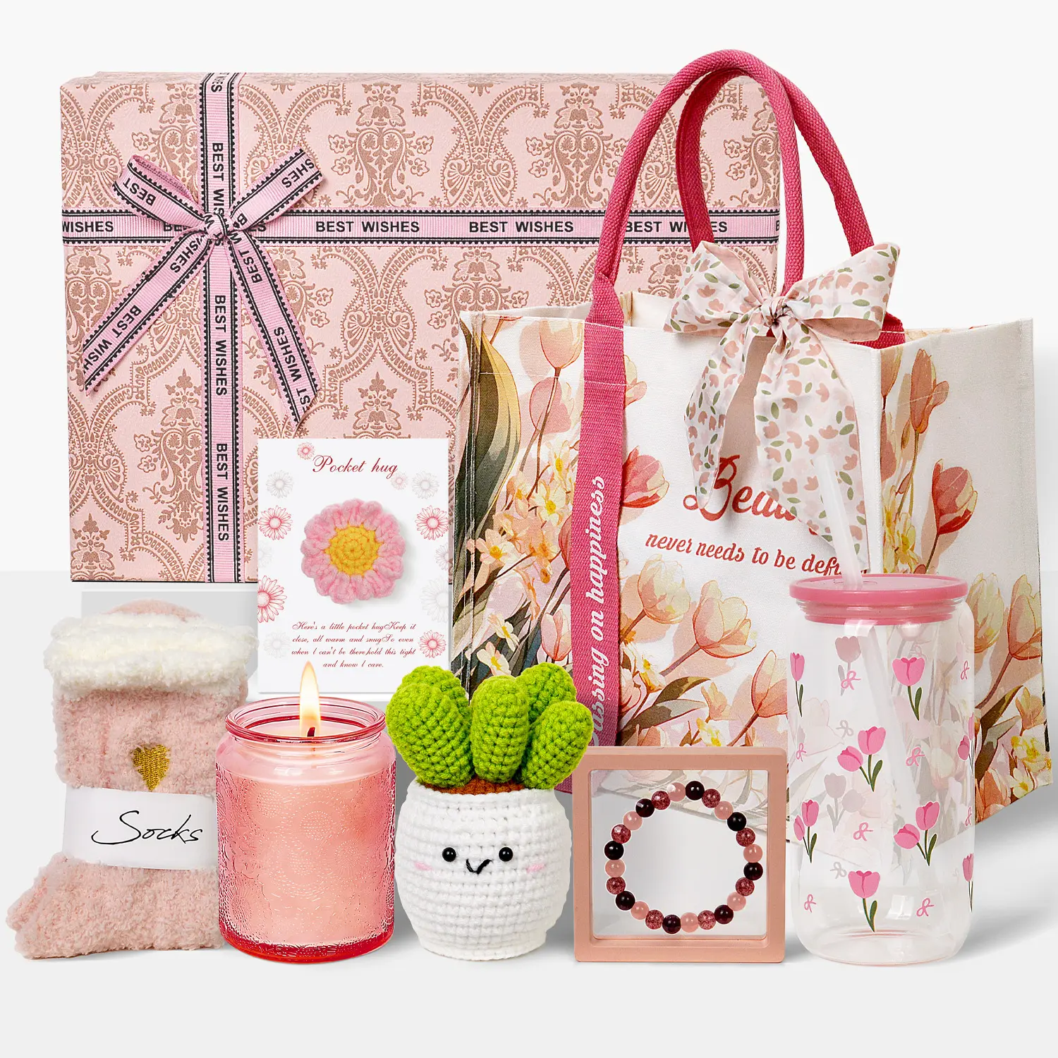 Wishwell Women's Cotton Floral-Print Lightweight Cactus-Themed Self Care Gift Basket with Canvas Tote Bag, Relaxing Pampering Gift for Mom, Birthday, Mother's Day