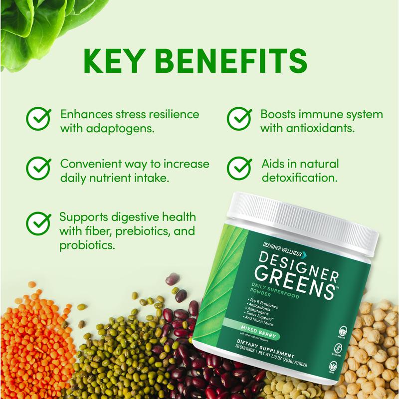 Designer Wellness, Designer Greens Superfood Powder with Prebiotics, Probiotics, Antioxidants, and Detox Support, 30 Servings