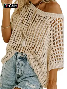 Women's Plain Crochet Sweater, Casual Hollow Out Short Sleeve Swimwear Cover Up Top for Summer, Fashion Women's Knitwear for Daily Wear