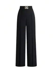 Women's Plus Size Tummy Control High Waist Wide Leg Pants Metal Buckle Pintuck Straight Trousers, Casual Chic Trousers, Office Workwear Business Casual Solid Black Tailored Drape All Season