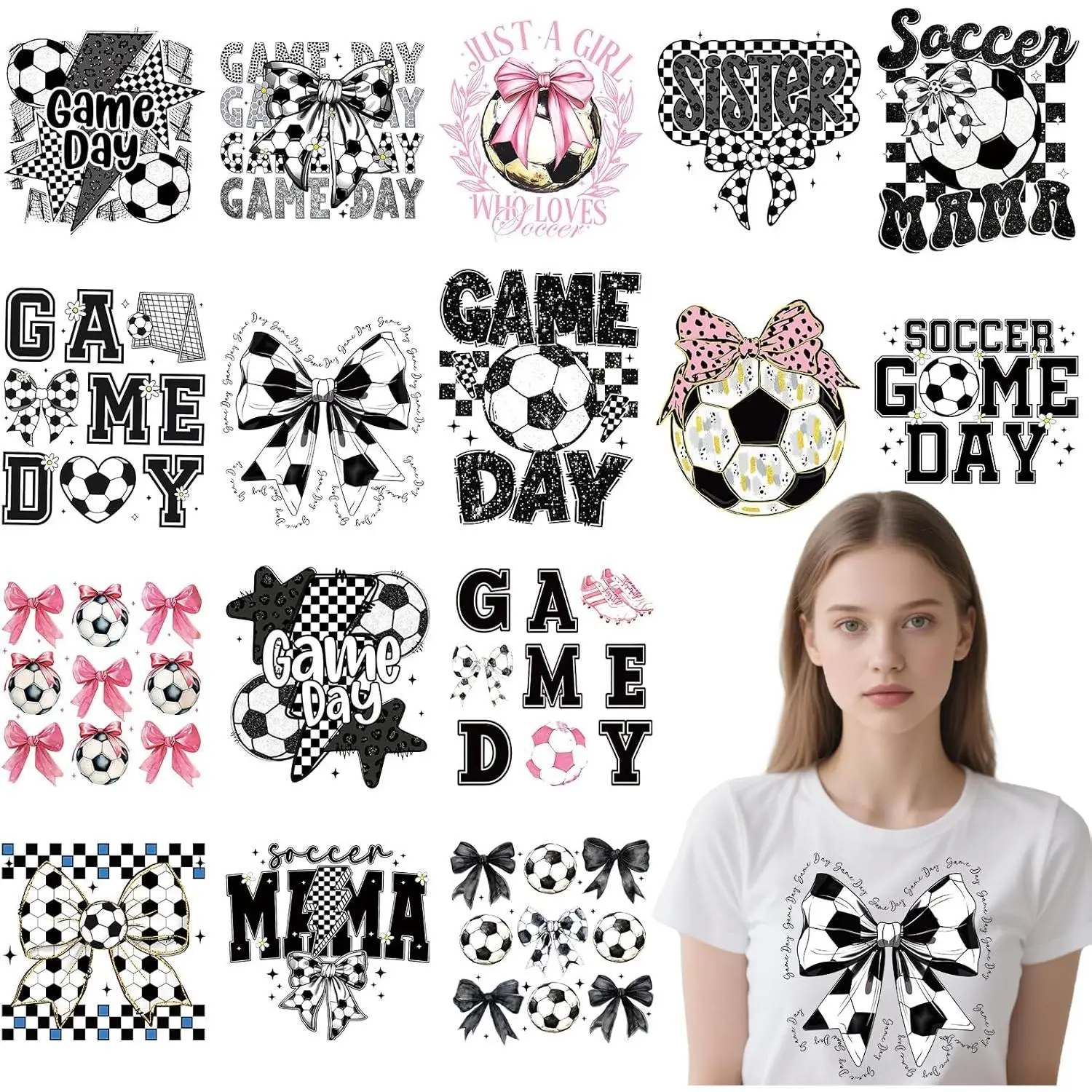 Dtf Transfers Ready to Press - 16 count Soccer Bow Iron on Patches for T-Shirts,   Mama Heat Transfer Vinyl Stickers, Coquete Iron on Decals for Clothes Bag DIY Fabric Decor