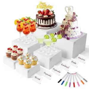 6 Pack Acrylic Buffet Risers with Mini Signs and Makers, White Food Display Stands with Hollow Bottoms, Nesting Cube Boxes for Party, Dessert, Jewelry & Collectibles (8",7",6",5",4",4") outdoorfun