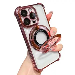 Compatible with iPhone 16 Plus Magnetic Gradient Glitter Case Luxury Plating Bling Soft TPU Clear Sparkle Case with MagSafe and Camera Lens Protector for Women Girls - Pink/gold/black/selver