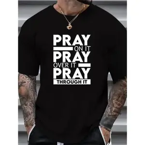 Men's Short-Sleeve Crew Neck T-Shirt - 'Pray Over It' Graphic, Soft Classic Cotton Slightly Stretchable, Black with Bold White Lettering, Simple Hem, Office-Inspired Sports Top for Summer, Shortsleeve, Jeans Leather Pairing Compatible