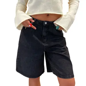 Womens Knee Length Denim Shorts Solid Color High Waist Loose Fit Jean Shorts for Summer