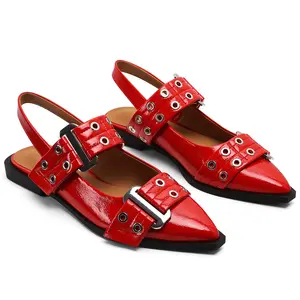 Women Flats Comfort Back Strap Shoes Metal Wide Double Buckle Belt Decor Slingback Casual Point Toe Single Flats