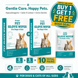 Pet Glove Wipes for Dogs and Cats, Thick No-Rinse Grooming Gloves for Paws, Face, Ears and Coat, Deodorizing Pet Wipes for Bathing and Travel