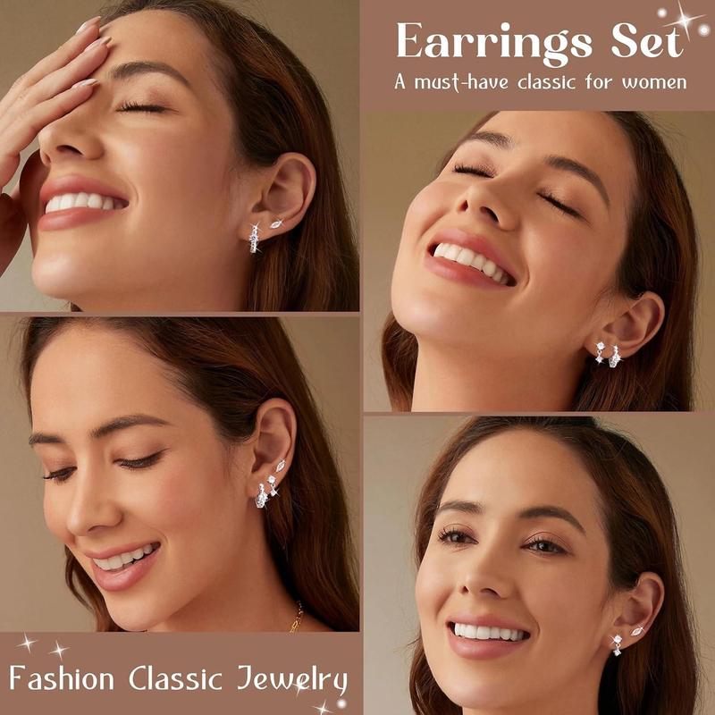 ZELORES 3 Pairs Sterling Silver Flat Back Earrings for Women Trendy Small Hoop Huggie Earrings CZ Cartilage Stud Earrings Set White Gold Plated Tragus Helix Earrings Piercing Jewelrys