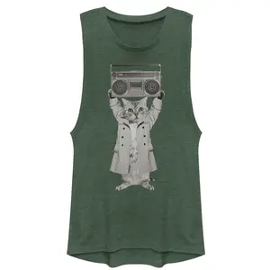 Juniors Womens Lost Gods Trench Coat Boombox Cat Festival Muscle Tee