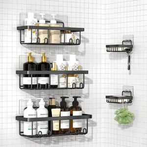 Adhesive Shower ,5 Pack Rustproof Stainless Steel Bathroom Organizers and Storage,Large Capacity Bathroom Shower Organizer,No Drilling Shelves for Storage & Home Decor,Black