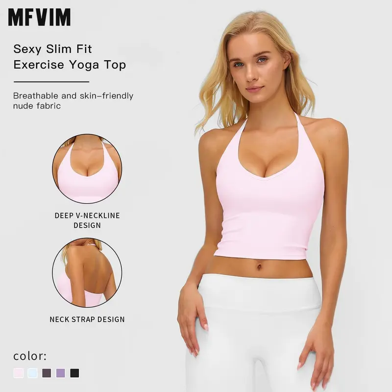MFVIM Women's High-Stretch V-Neck Sleeveless Sports Bra - Backstrap Hold, Necklace Design, Breathable Skin-Friendly Nude Fabric, Women in Sports Activewear Finds for Yoga, Upper Body Workout, Everyday Active Female Use