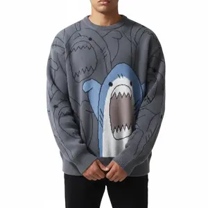 2026 #SummerVibes Winter Cartoon Shark Crewneck Polyester Pullover Sweater Unisex Oversized Elegant Casual Streetwear Thick Knitwear Grey Fashion Sweaters Knitted Big