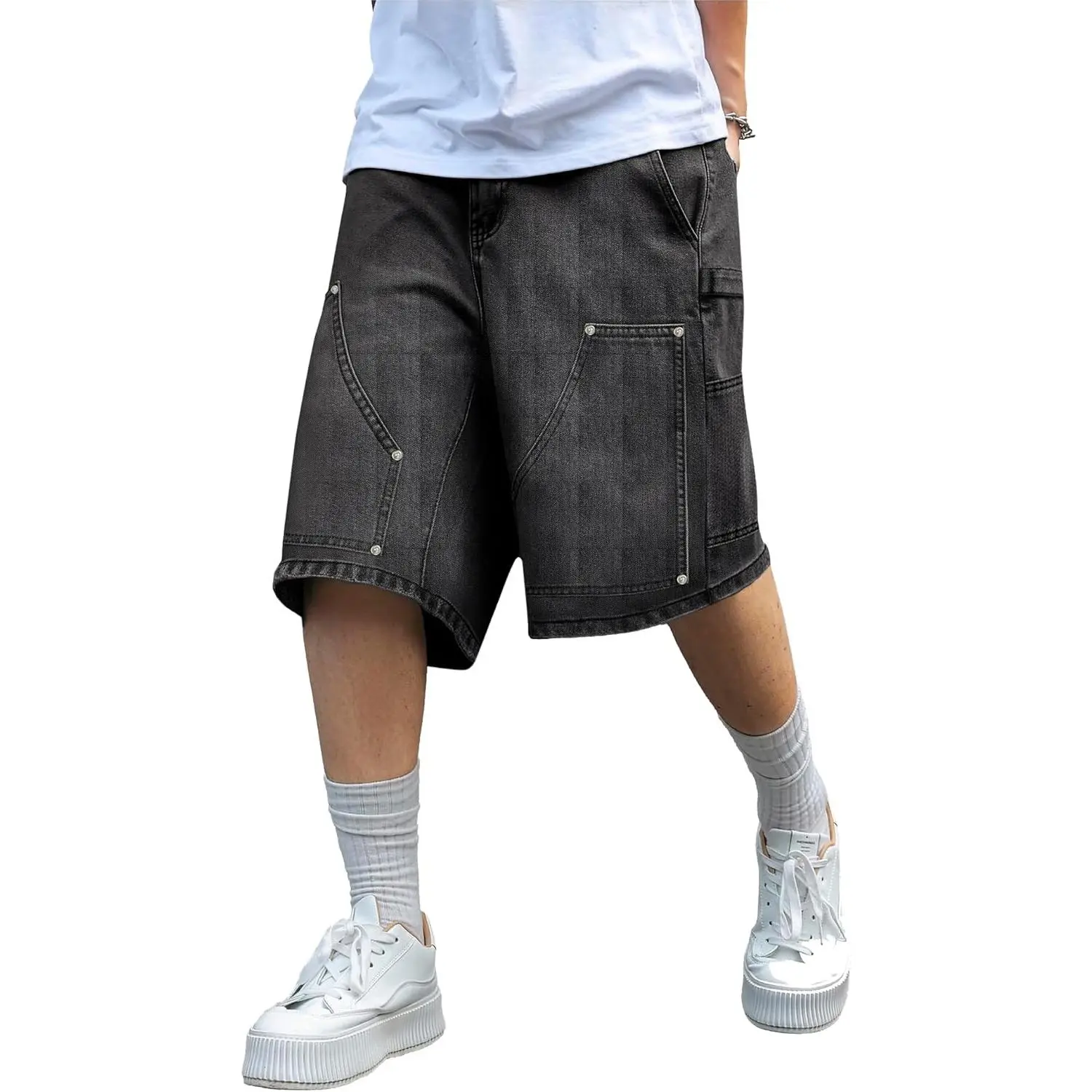 Mens Y2K Carpenter Baggy Jean Shorts, Ripped Jorts Wide Leg, Distressed Cargo Long Denim Shorts Loose Fit Streetwear Summer