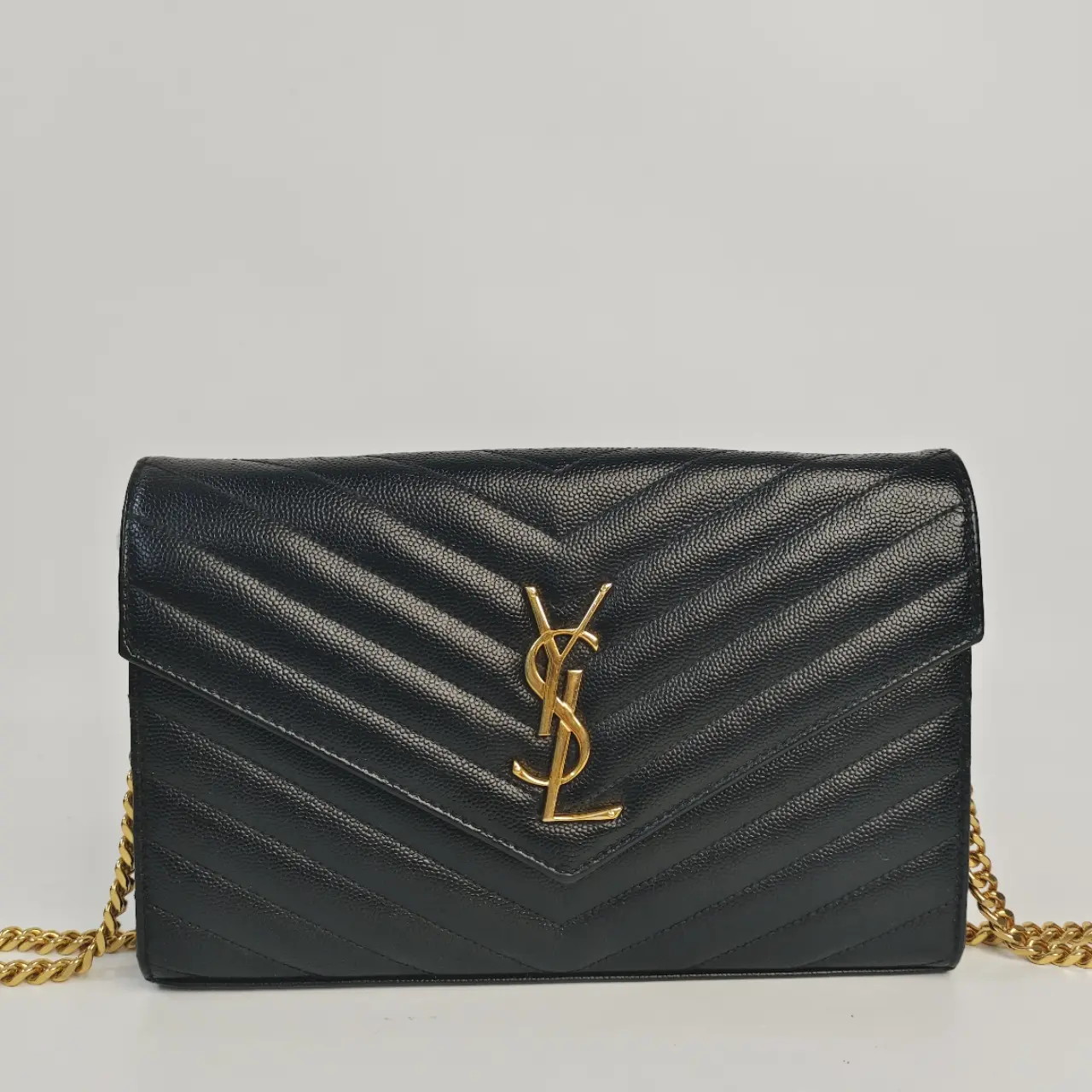 Pre-owned Yves Saint Laurent LEATHER Shoulder Bags YSL Envelope Chain Wallet in Black Grain de Poudre Embossed MM 【BF 12Z】XP02553