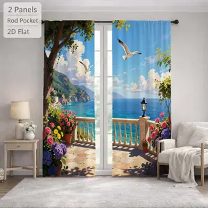2Pcs Mediterranean Coastal Seascape Seagull Balcony Pattern Sun Blocking Curtains Digital Printed Rod Pocket, Window Treatment For Bedroom Office Kitchen Living Room Study Home Decor