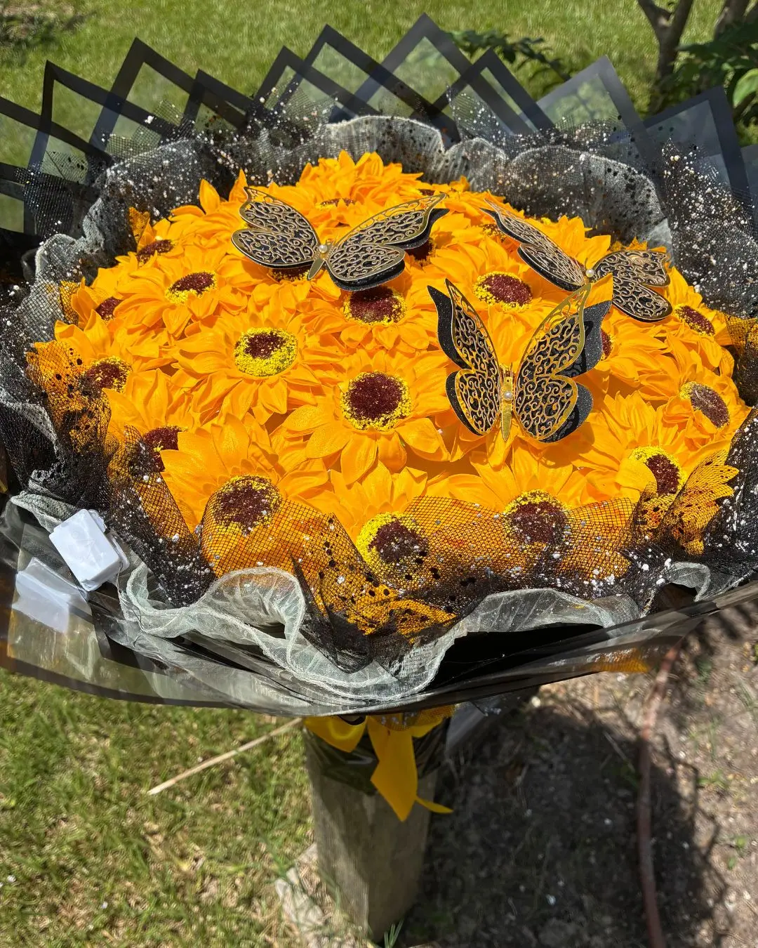 30 Sunflower Bouquet with Butterfly Decorations in Black Netting and Yellow Ribbon For Girlfriend Or Wife And More