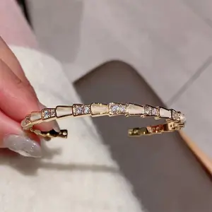 Luxury Gold Snake Bangle for Women, Elegant Mother of Pearl & Cubic Zirconia Cuff Bracelet, Adjustable Open Bangle, Trendy Jewelry for Daily Wear & Party Gift