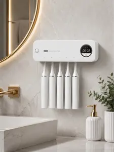 UVC Toothbrush Sanitizer Holder with Digital Clock, Wall Mounted Smart Toothbrush Sterilizer for 5 Toothbrushes, Automatic UV Disinfection, Bathroom Organizer, USB Rechargeable Toothbrush Holder for Home Bathroom Decor