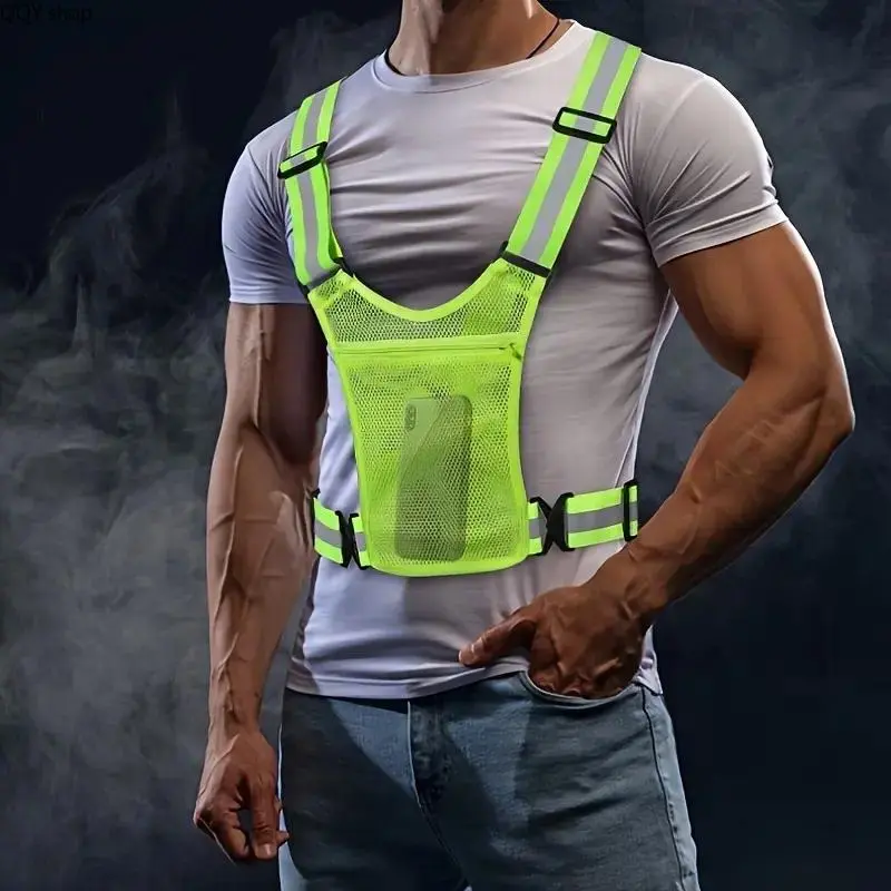 1 Pc Adjustable Reflective Safety Vest with Storage Pockets, High Visibility Breathable Polyester Gear, Universal Fit Lightweight Safety Apparel for Outdoor Cycling, Running, Walking, Jogging and Night Work Wear