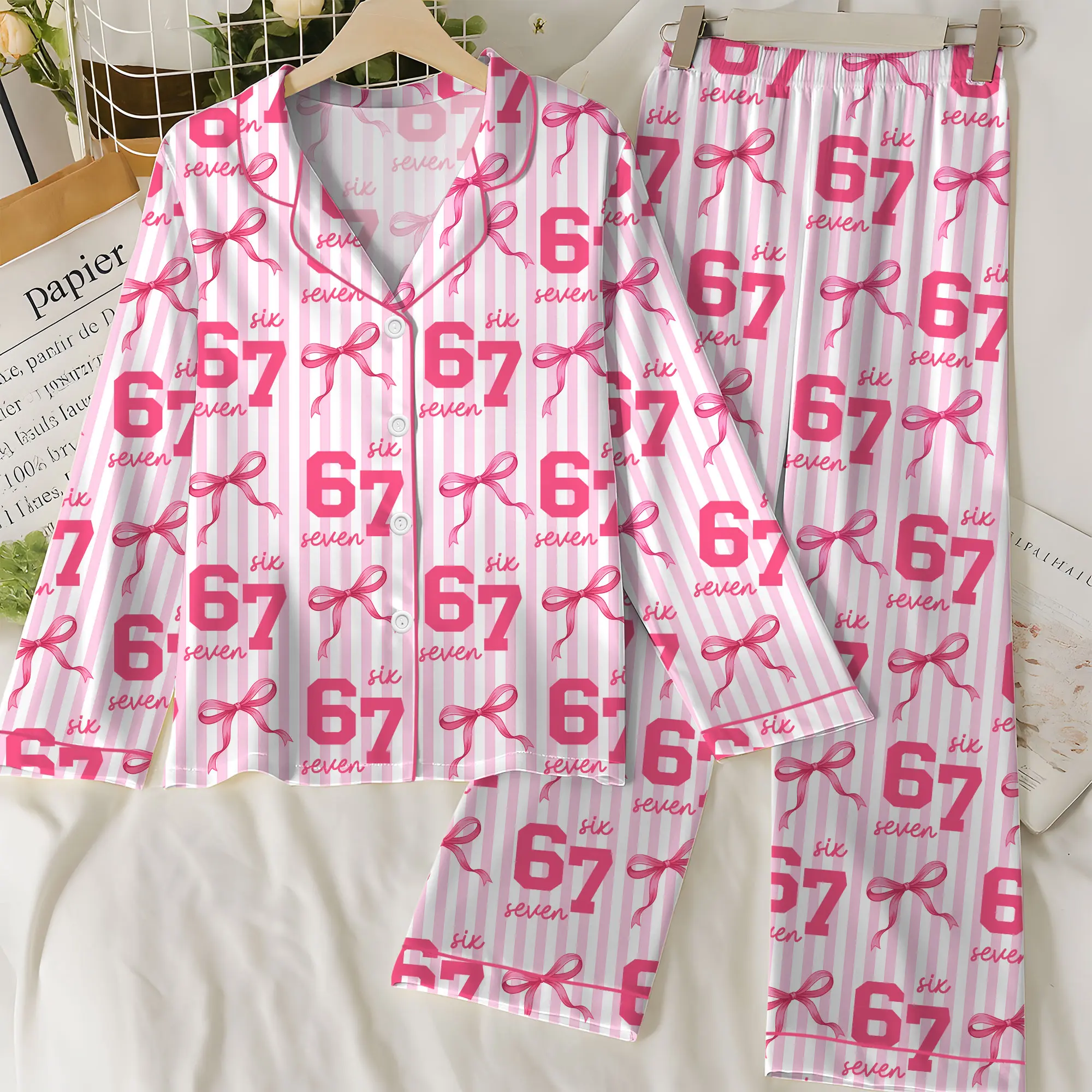 67 Meme Pajamas Set for Women | Pink Bow Six Seven Pajama Set | Funny TikTok Viral PJs | Cute Satin Long & Short Sleepwear
