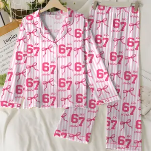 67 Meme Pajamas Set for Women | Pink Bow Six Seven Pajama Set | Funny TikTok Viral PJs | Cute Satin Long & Short Sleepwear