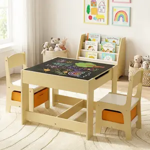 Arlopu 3-Piece Kids Table and Chairs Set, Wood Children Activity Desk Indoor Toddler Play Table and 2 Chairs Set with Storage, for Drawing Reading Crafts, Playroom, Nursery
