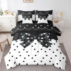 Cute Bow Comforter Set with Sheets 7 Piece Polka Dots Bowknot Bedding Set for Kids Boys Girls Black White Bed in a Bag Bow Tie Room Decor Soft Lightweight Microfiber
