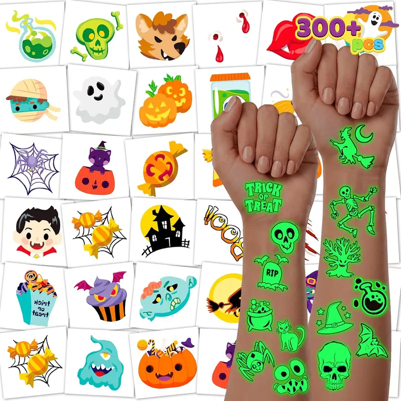 Halloween temporary tattoos showing colorful daytime and glow-in-the-dark effects