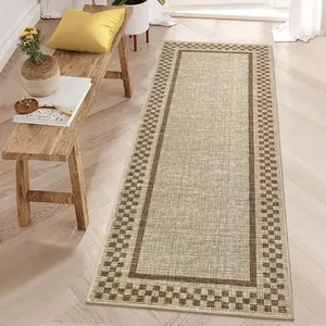 GARVEE Kitchen Runner Rug Washable Runner Rug 2x6 for Hallway Non Slip Soft Throw Runner Carpet Modern Bordered Bathroom Mat Low Pile Checkered Runner Rugs for Bedroom Living Room Entry, Taupe