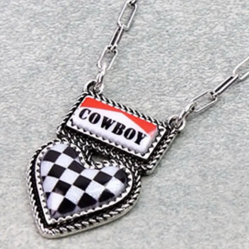 Western Cowboy Heart Checker Necklace with Paperclip Chain