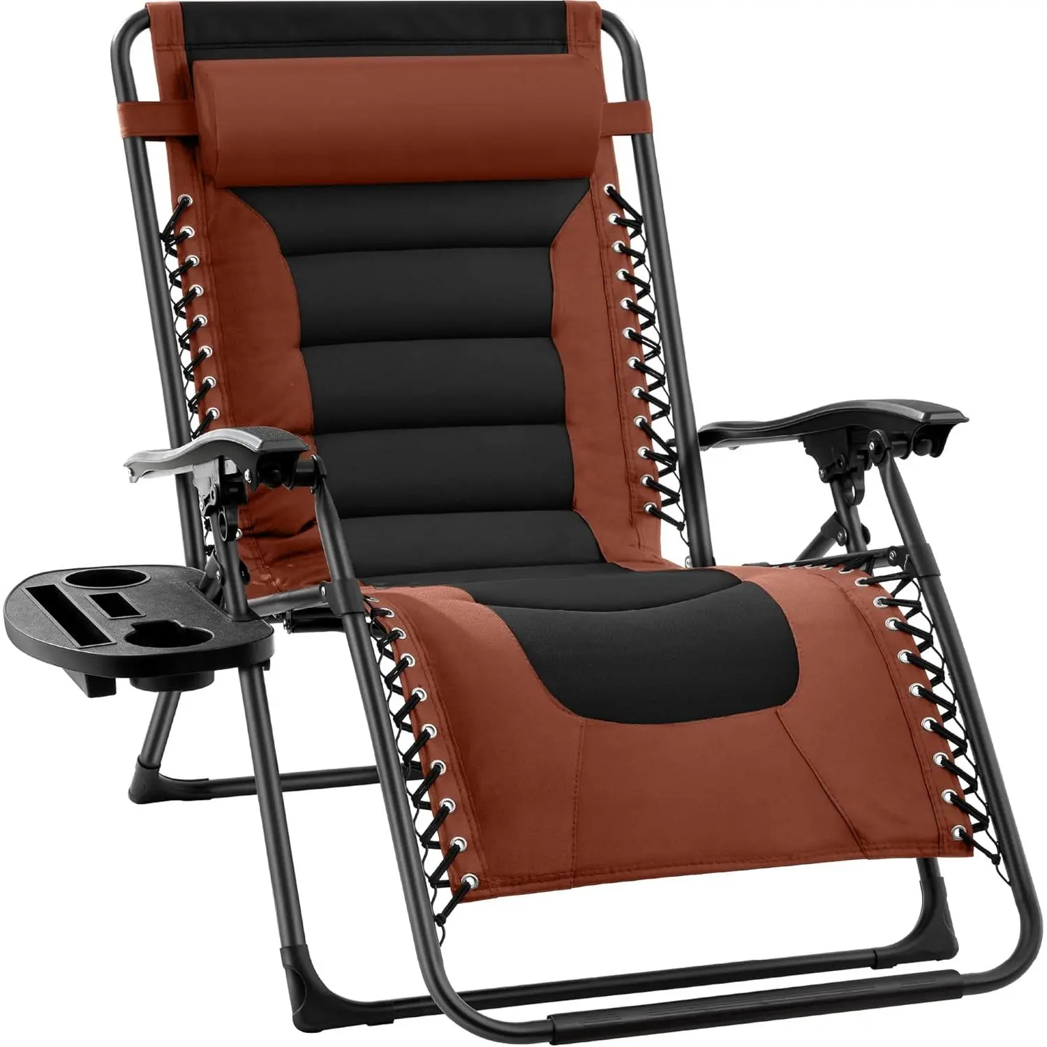 Oversized Zero Gravity Chair - XL Padded Recliner w/ Adjustable Headrest, Cup Holder & Side Tray - Heavy Duty Folding Lounge Chair for Patio, Backyard, Pool - Breathable Polyester Mesh (Rust/Black)