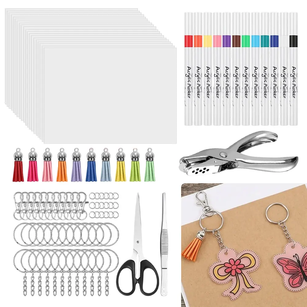 Shrinky Plastic Sheets Keychain Kit Including 20 Sheets Shrinky Art Paper, Acrylic Paint Markers, Tassels, Keychains, Hole Punch
