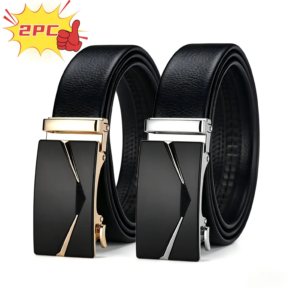 Men's 2-Piece Design Belt Set, Litchi Texture PU Leather with Adjustable Strap and Automatic Buckle for Business or Casual Wear, Design Leather Belts, Exquisite Belt
