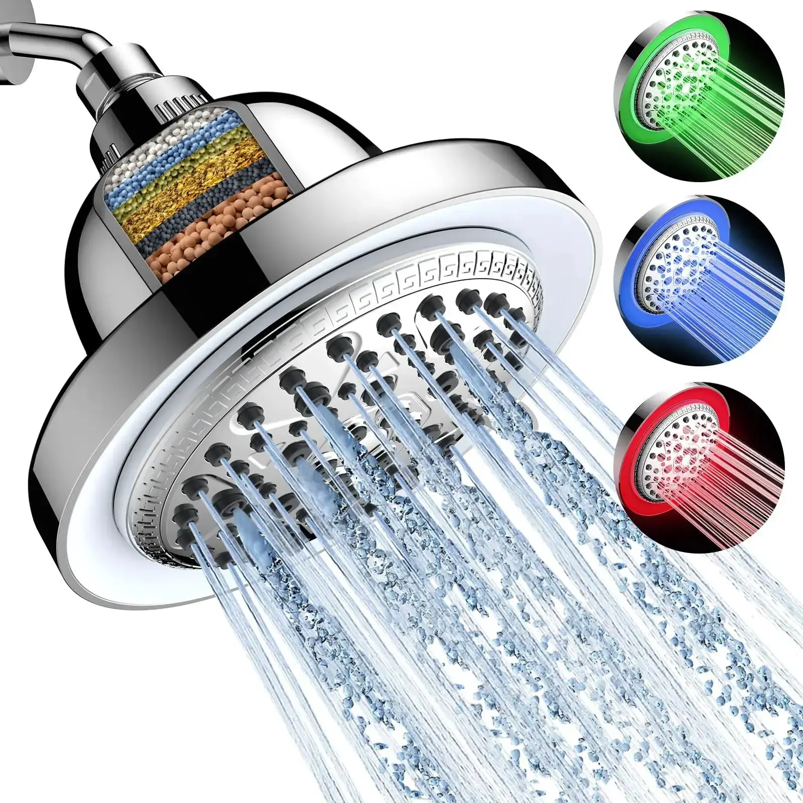 Shower Head with 3 Color LED, 7 Modes   Rain Shower Head with Filters, Temperature Control, No Battery, Water Saving, Easy Installation, Safe for Family softener