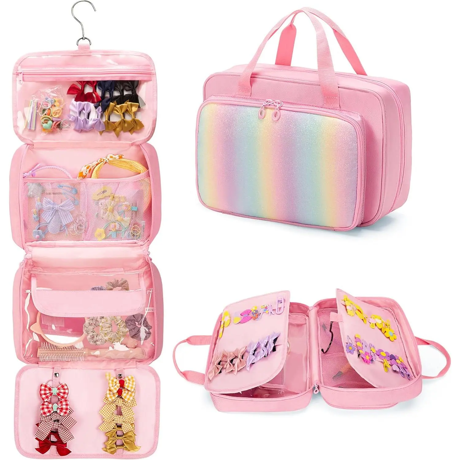 Hanging Hair Accessories Organizer for  Girls, Hair Bow Storage Bag, Travel Hair Stuff Case for Hair Clips, Hair Ties, Headbands, Scrunchies, Pink (Bag only)