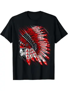 Men's Native American Comanche Chief Skull & Feather Headdress Graphic T-Shirt - Black with Red & White Tribal Design, Short Sleeve Casual Tee, Regular Fit, Machine Washable, All-Season Comfort Round Neck for Western & Themed Events