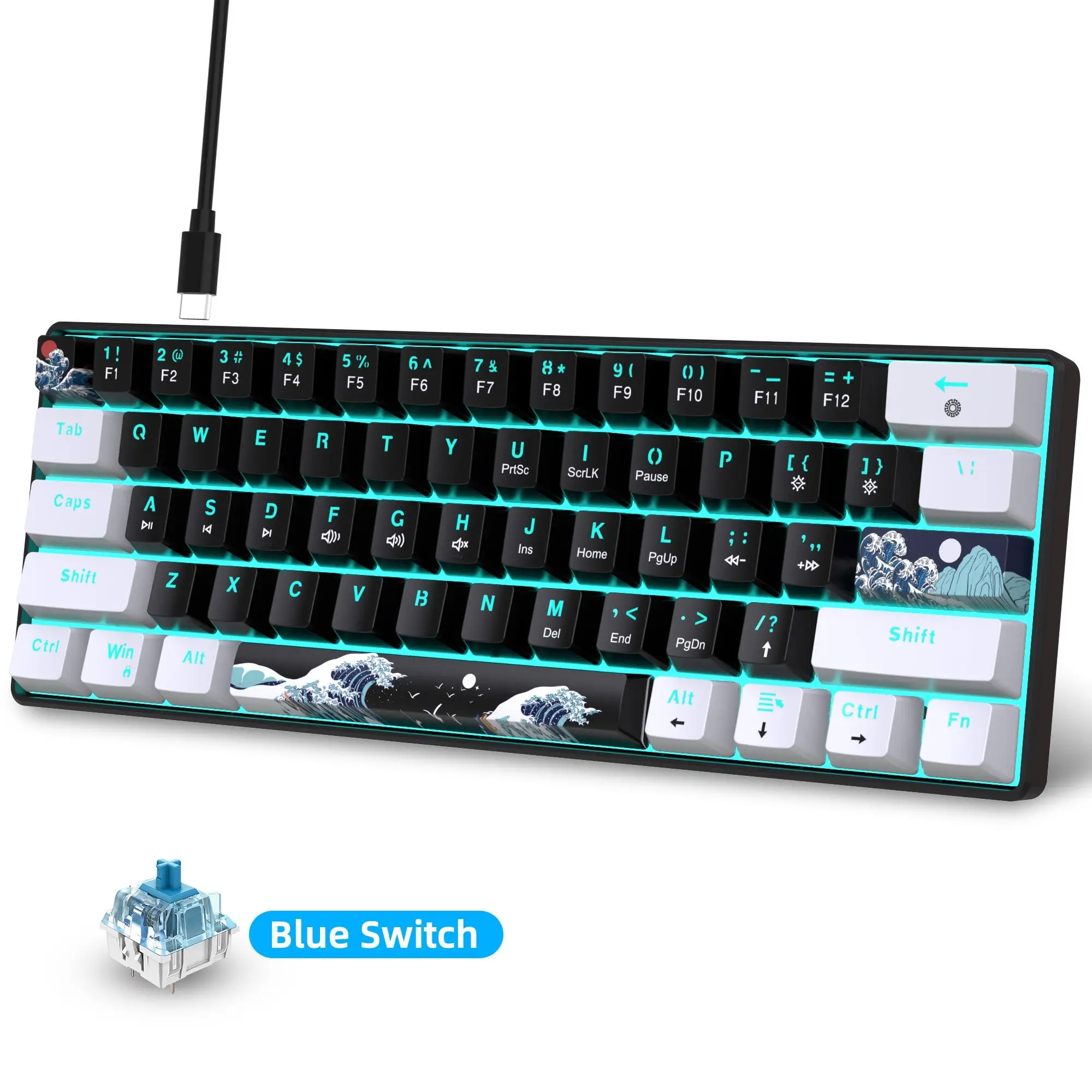 Wired 60% Mechanical Keyboard, Gaming PC Keyboard with Blue Switch & Sea Blue Backlit, Portable Compact 61-key Gaming Keyboard for Gamer, Durable Gami
