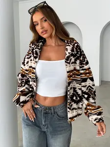 Women's Fashion Casual Geometric Pattern Zipper Fleece Jacket, Casual Jackets, Fall Winter Outerwear, Casual Bohemian Outerwear, Comfortable and Stylish Women's Coat