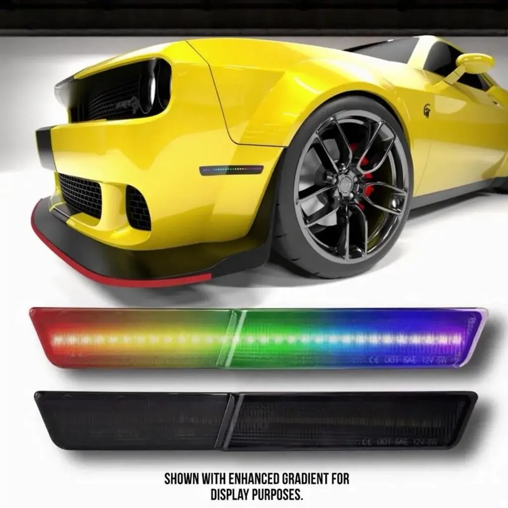 RGB LED Side Marker Lights for Dodge Challenger Widebody 2015+, Smoked Lens Front & Rear Bumper Fender Lights, Driver & Passenger Side, 4PCS