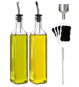 Olive Oil Dispenser Bottle, 2 Pcs Glass Olive Oil Dispenser and Vinegar Dispenser Set with 2 Stainless Steel Pourers, 4 Labels,1 Brush and 1 Funnel Oil Bottles for Kitchen (500ml)