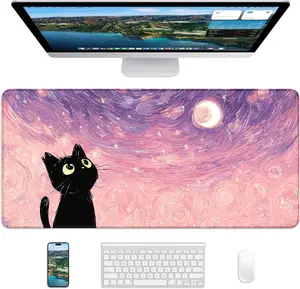 XL Gaming Mouse Pad, 31.5x17.5'' Large Desk Mat with Anti-Slip Rubber Base & Stitched Edges for Gaming, Office, Home - Van Gogh Cat