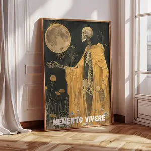 Abstract Skeleton Wall Art – Memento Vivere Tarot Poster, Gothic Botanical Dark Academia Decor, Occult Full Moon Print for Room, Unframed