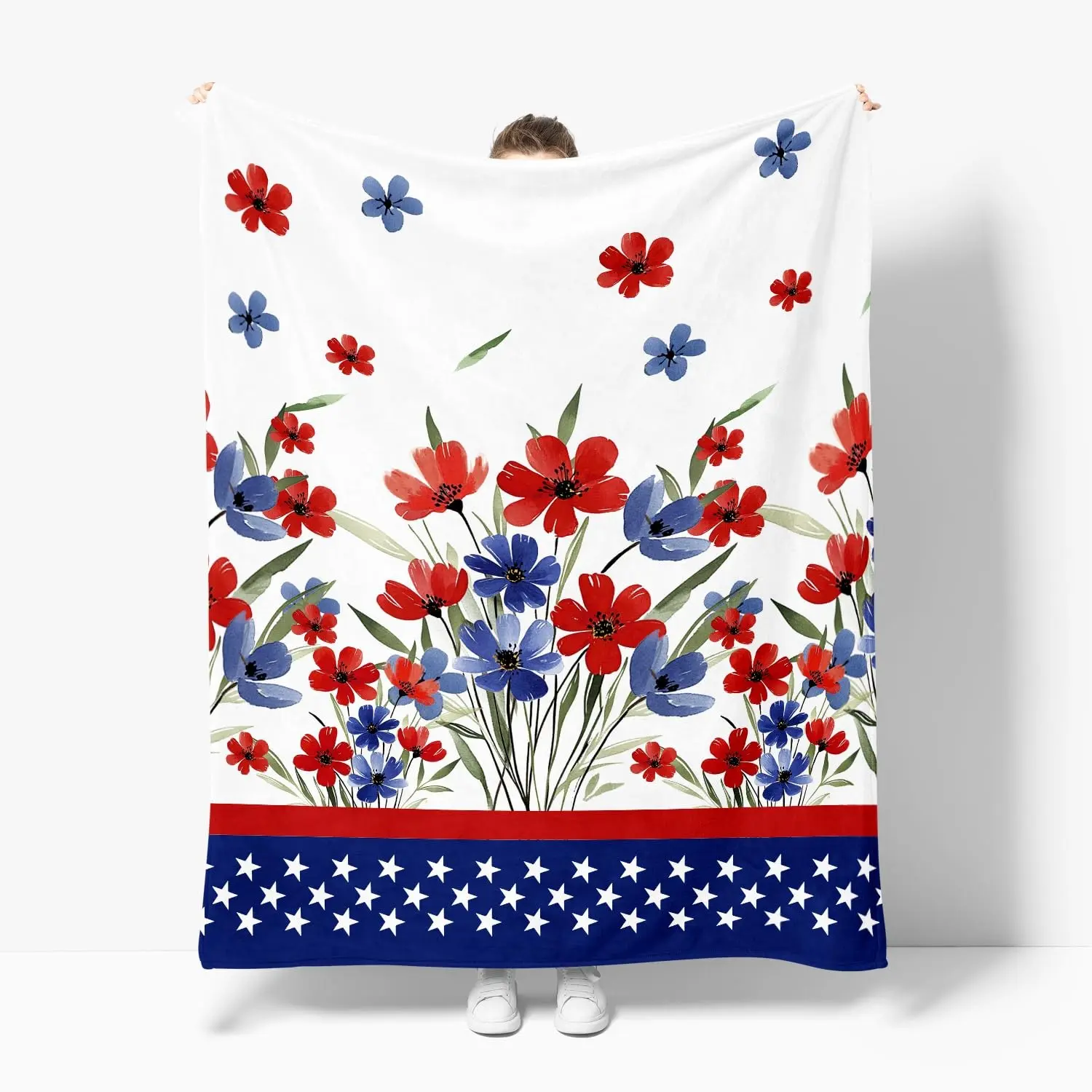1PC 4th of July Patriotic Fleece Blanket, Watercolor Flowers Patriotic Design, Independence Day Memorial Day Soft Lightweight Cozy Plush Throw Blanket