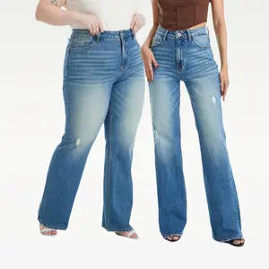 Black Friday Women's High Waist Stretchy Cotton Bootcut Jeans - Vintage Distressed, Wide Leg, Regular & Plus Size, Button Closure, Pockets, Winter Comfortable Minimalist Bottoms BYF1113