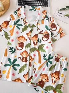 Cute Monkey Print Women's Pajama Set, Soft Comfortable Fabric, Loose Fit Button Front, Short Sleeve Top and Shorts, All Seasons