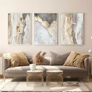 3 neutral beige and grey marble textured mural decorations, neutral abstract gold element decorative prints, modern home mural decorations, 2D flat printing frameless paintings